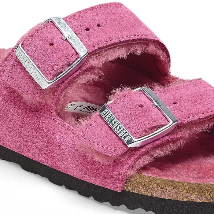 Women Birkenstock TwoStrap Arizona Shearling Fuchsia Tulip