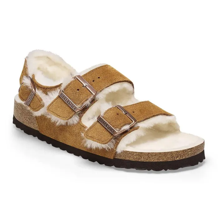 Women Birkenstock TwoStrap Milano Suede Shearling Mink