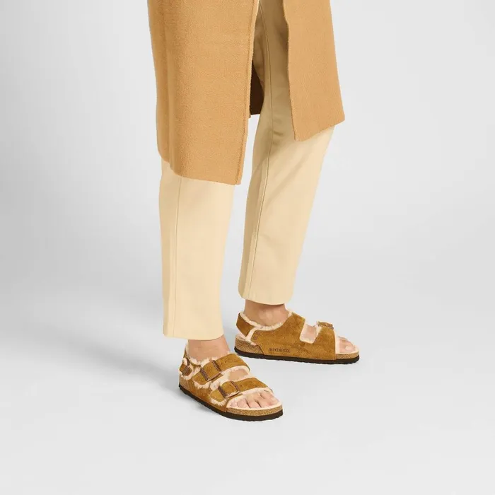 Women Birkenstock TwoStrap Milano Suede Shearling Mink