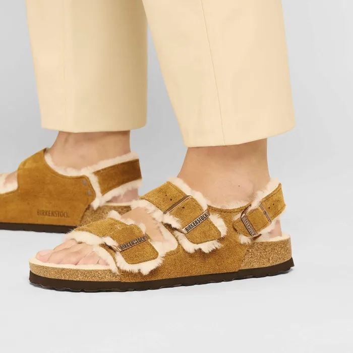 Women Birkenstock TwoStrap Milano Suede Shearling Mink