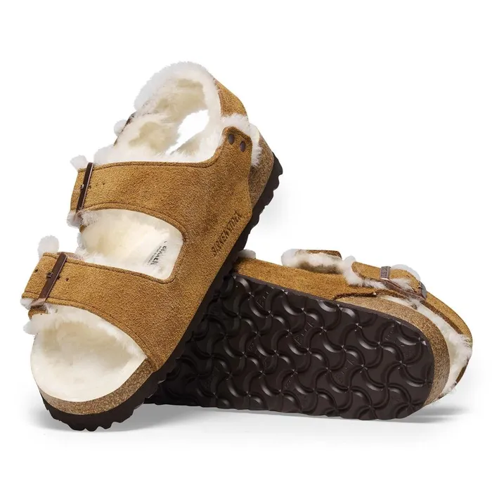 Women Birkenstock TwoStrap Milano Suede Shearling Mink