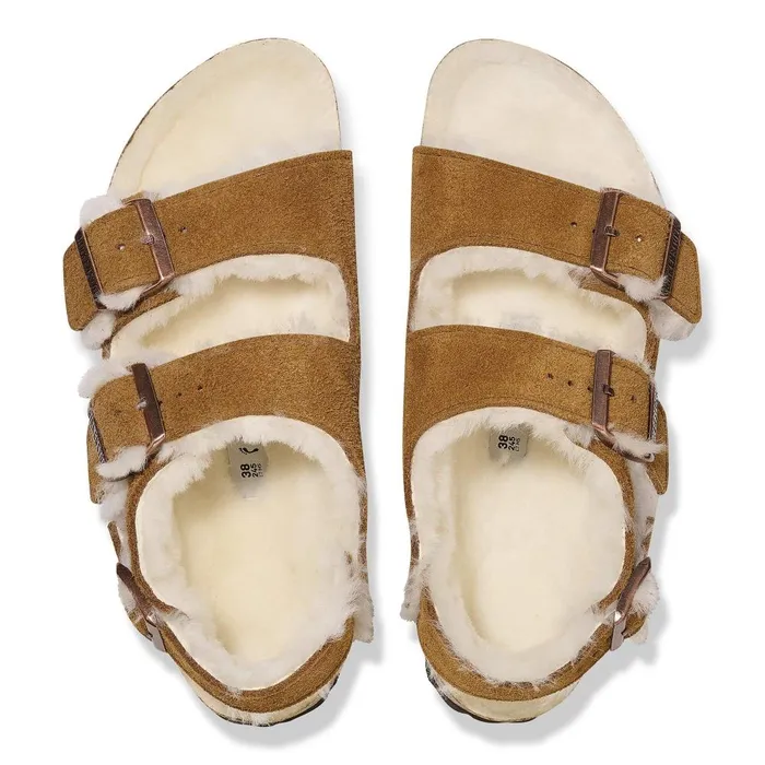 Women Birkenstock TwoStrap Milano Suede Shearling Mink