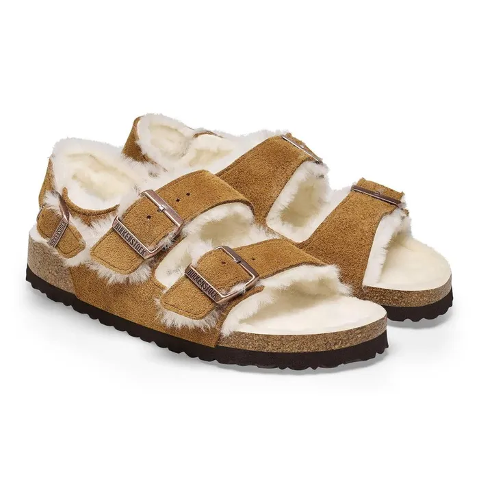 Women Birkenstock TwoStrap Milano Suede Shearling Mink