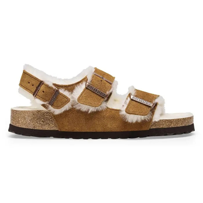 Women Birkenstock TwoStrap Milano Suede Shearling Mink