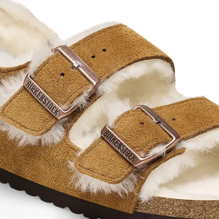 Women Birkenstock TwoStrap Milano Suede Shearling Mink