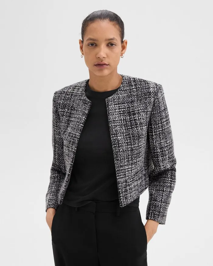 Women Blazers Jackets Theory Cropped Jacket In Meacutelange Tweed Black Multi