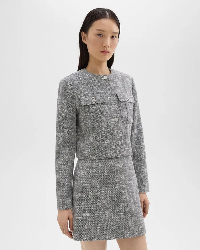 Women Blazers Jackets Theory Cropped Military Jacket In Cotton Tweed Black Multi