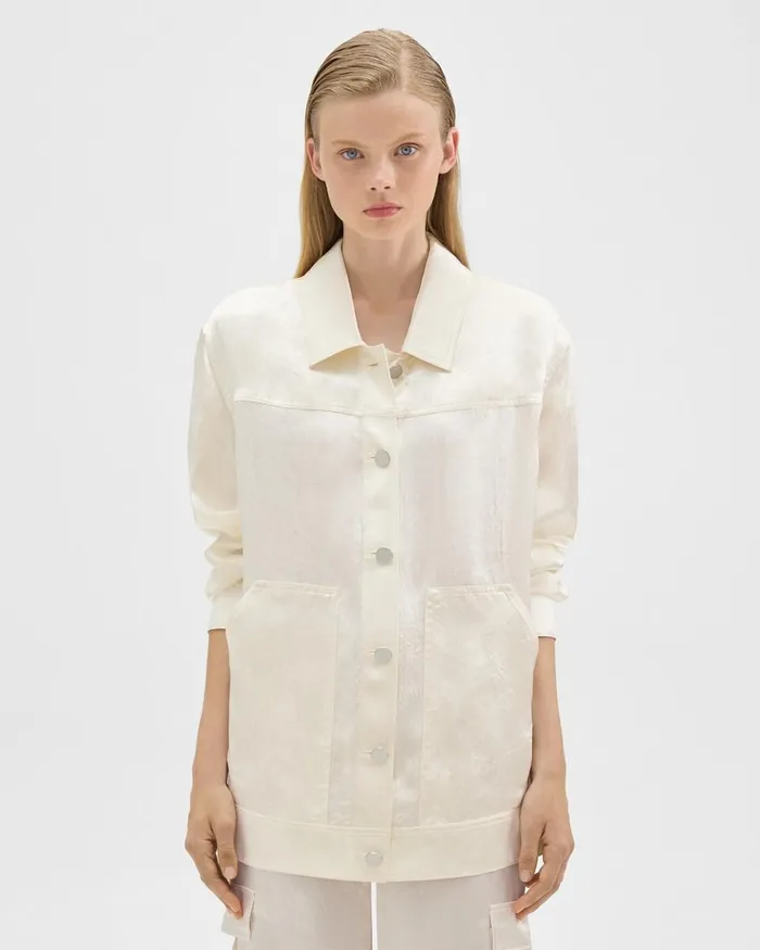 Women Blazers Jackets Theory Oversized Trucker Jacket In Textured Satin Ivory