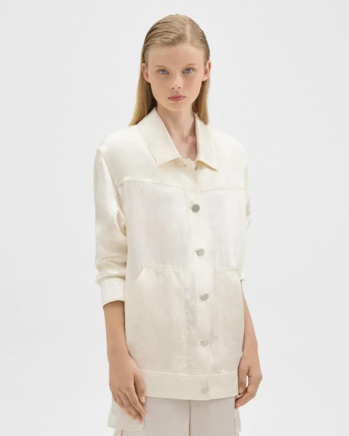 Women Blazers Jackets Theory Oversized Trucker Jacket In Textured Satin Ivory