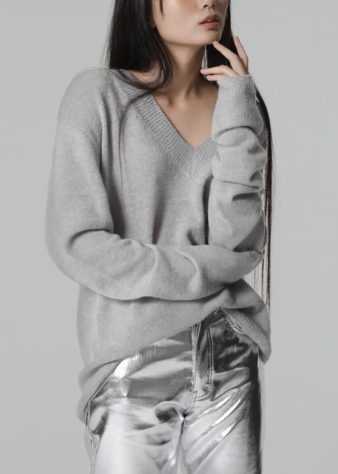 Women Brayden V Neck Sweater 8211 Light Grey The Frankie Shop Knitwear