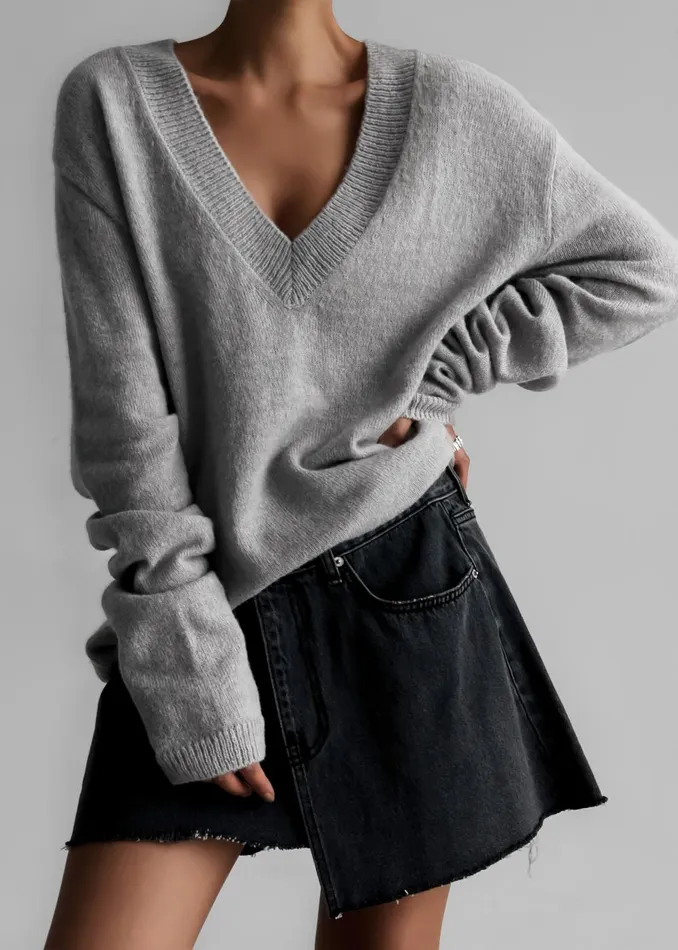 Women Brayden V Neck Sweater 8211 Light Grey The Frankie Shop Knitwear