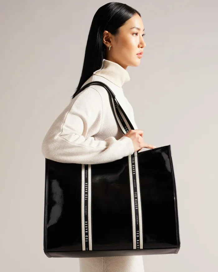 Women CELINIE 8211 Branded Webbing Patent Tote Bag Black Ted Baker Tote Bags Women CELINIE 8211 Branded Webbing Patent Tote Bag Black Ted Baker Tote Bags