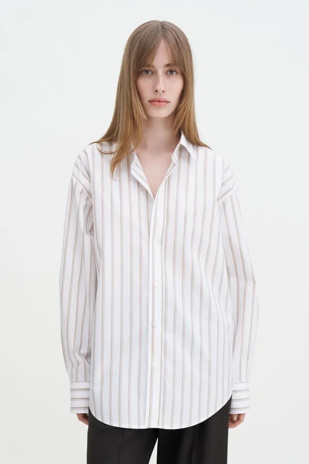 Women Classic Poplin Shirt Light Browncanvas Beige Double Stripe Filippa K Shirts and Blouses