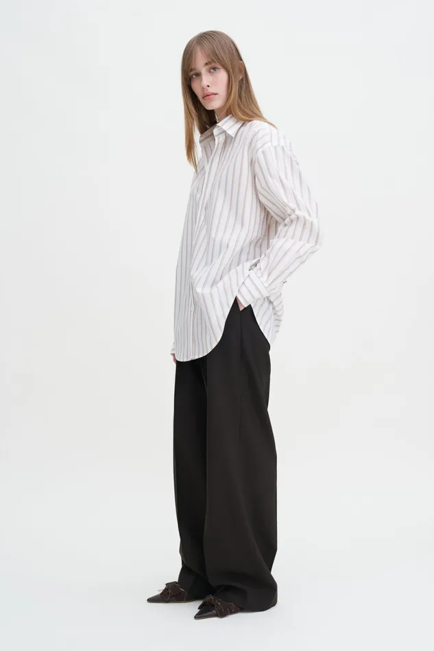 Women Classic Poplin Shirt Light Browncanvas Beige Double Stripe Filippa K Shirts and Blouses