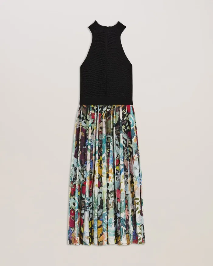 Women CORINO 8211 Sleeveless Midi Dress With Floral Pleated Skirt Black Ted Baker Dresses