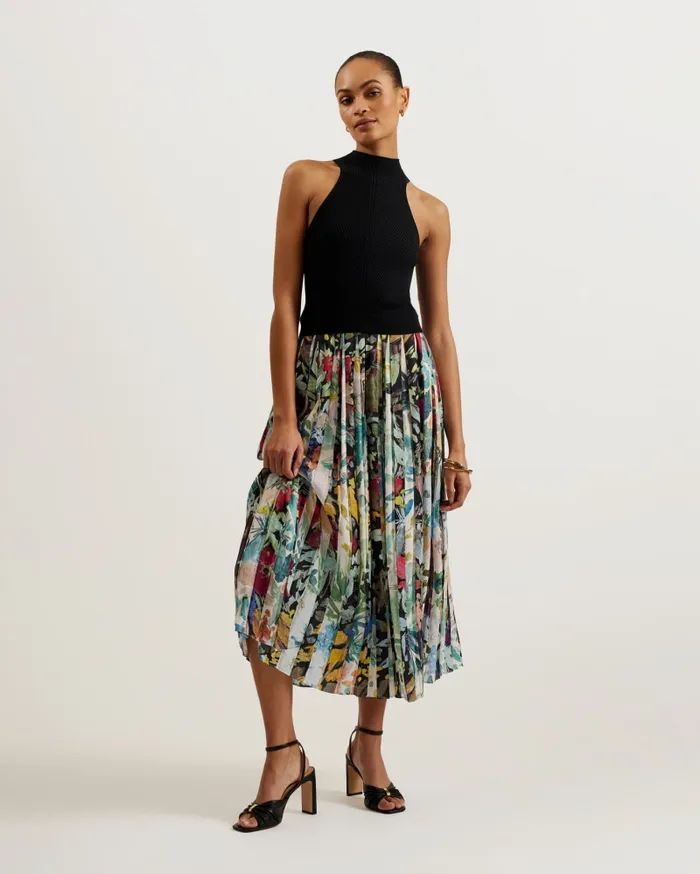 Women CORINO 8211 Sleeveless Midi Dress With Floral Pleated Skirt Black Ted Baker Dresses Women CORINO 8211 Sleeveless Midi Dress With Floral Pleated Skirt Black Ted Baker Dresses