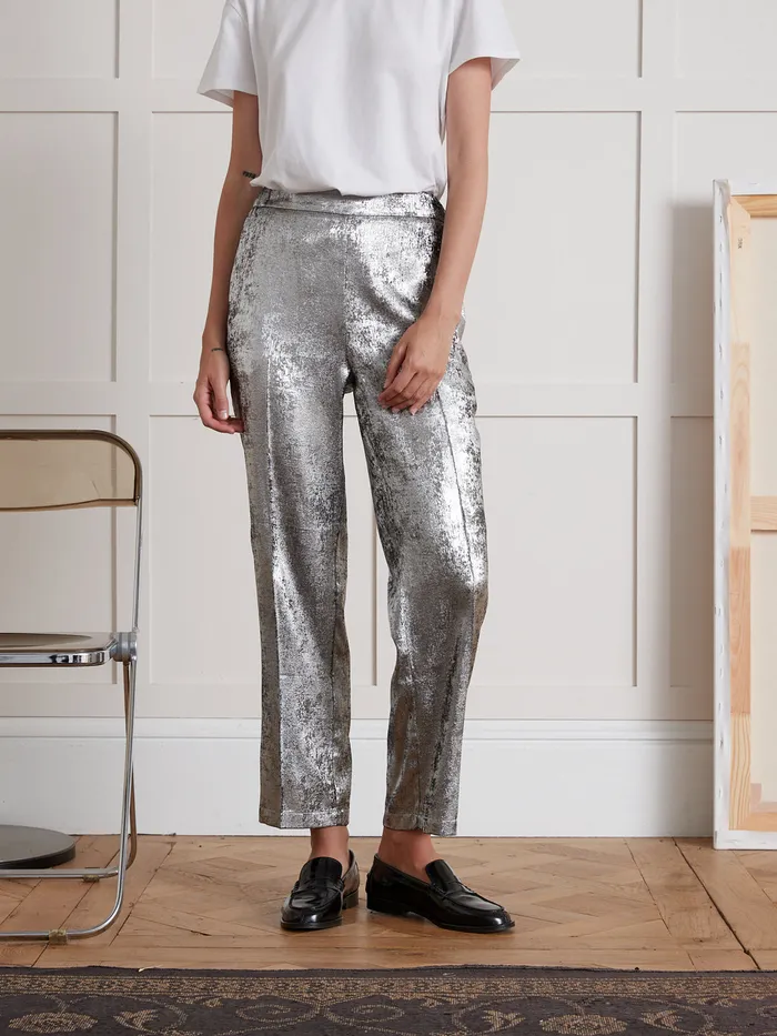 Women Cyrillus Clothing Jeanine StraightLeg Silver Lam Trousers Argente