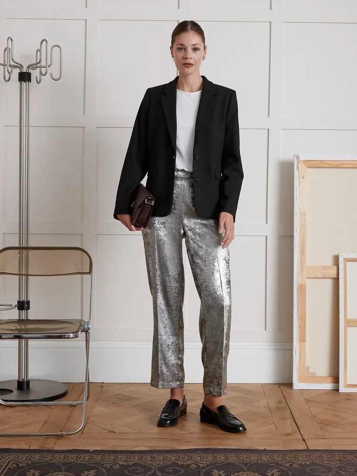 Women Cyrillus Clothing Jeanine StraightLeg Silver Lam Trousers Argente