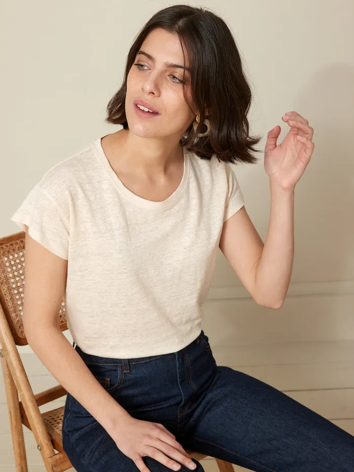 Women Cyrillus Clothing Linen TShirt With Round Neckline Craie