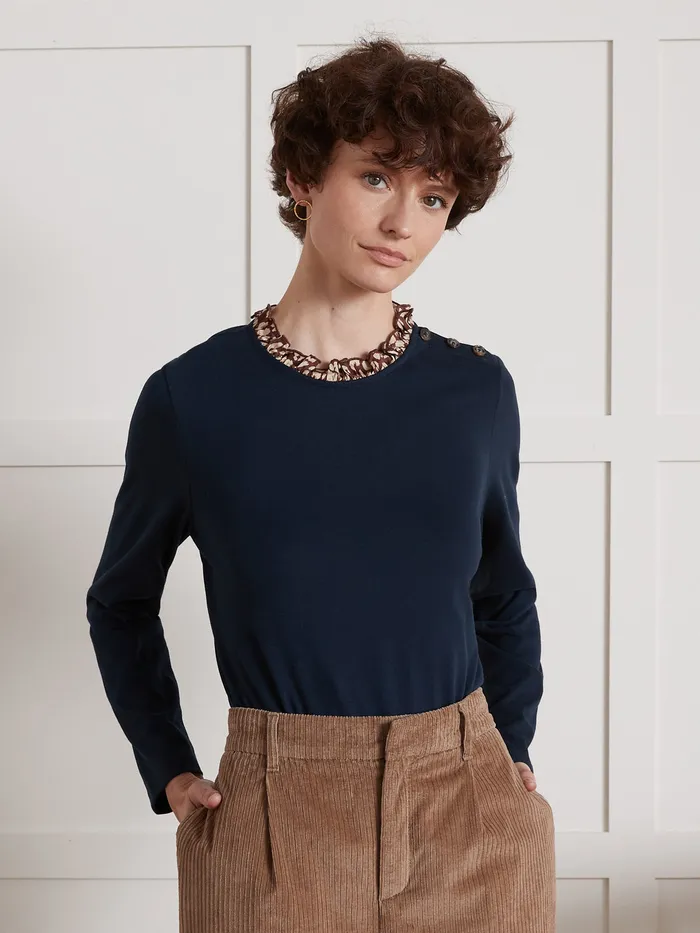 Women Cyrillus Clothing Otton TShirt With Fauve Print Collar Encre