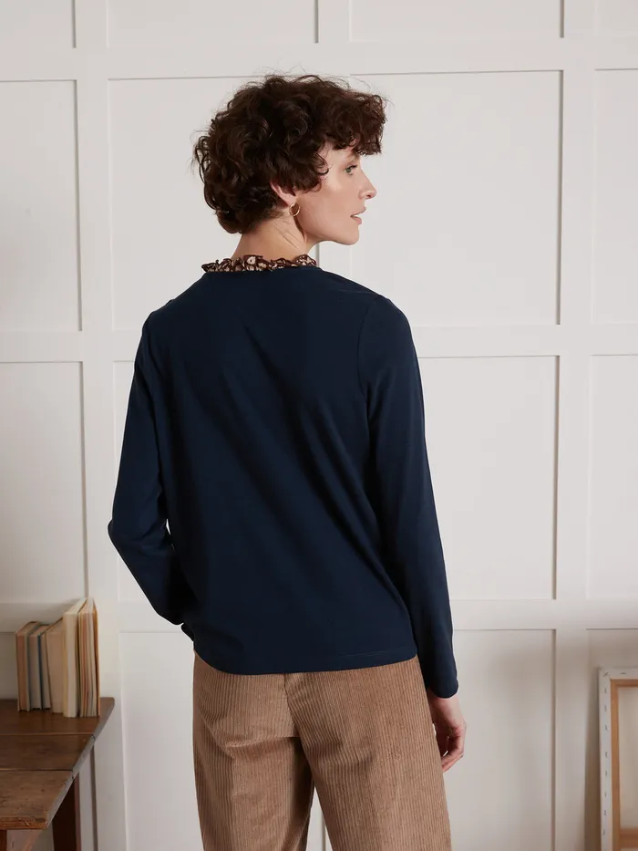 Women Cyrillus Clothing Otton TShirt With Fauve Print Collar Encre
