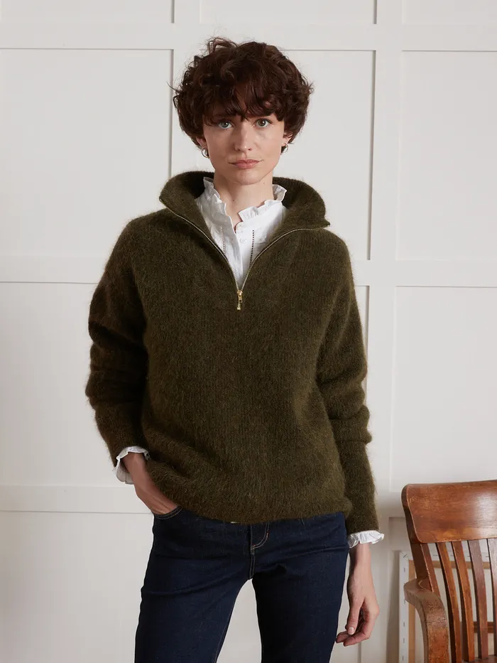 Women Cyrillus Clothing Sweater With High Zip Neckline Kaki