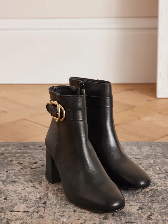 Women Cyrillus Shoes Leather Ankle Boots With Buckle And Heel Noir