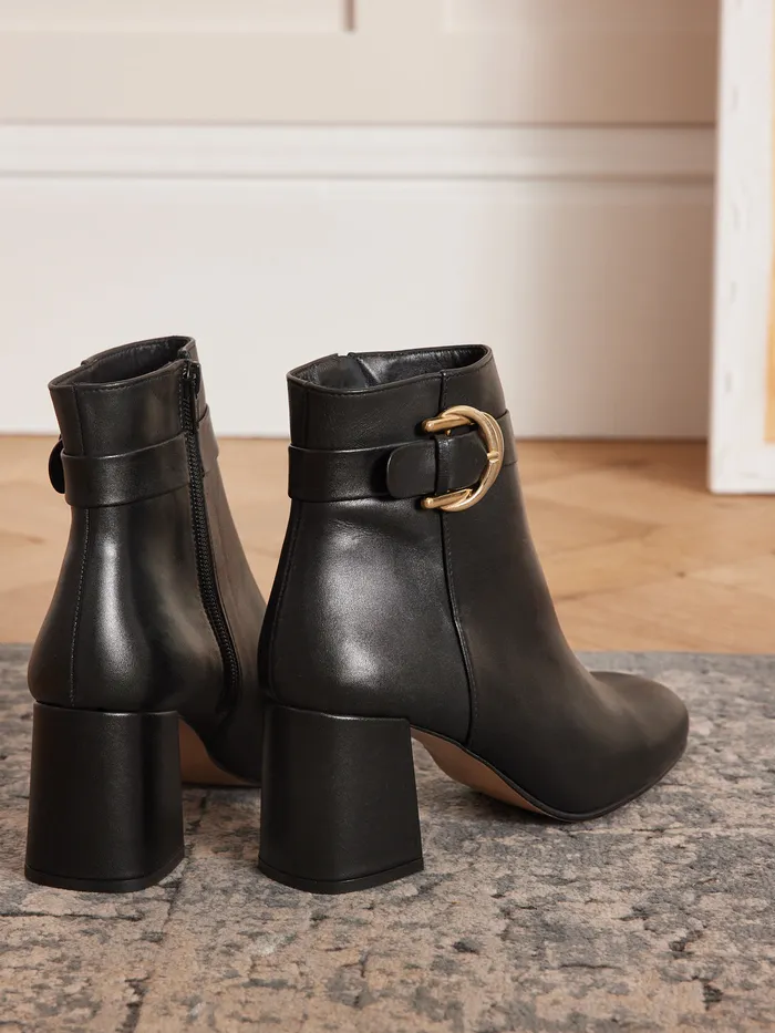 Women Cyrillus Shoes Leather Ankle Boots With Buckle And Heel Noir