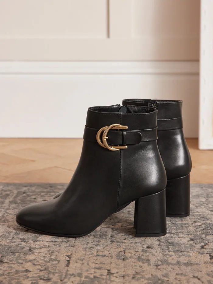 Women Cyrillus Shoes Leather Ankle Boots With Buckle And Heel Noir