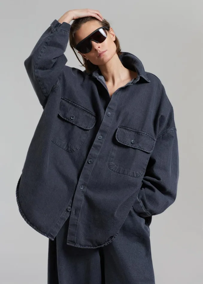 Women Dallas Denim Overshirt 8211 Dark Grey The Frankie Shop Tops