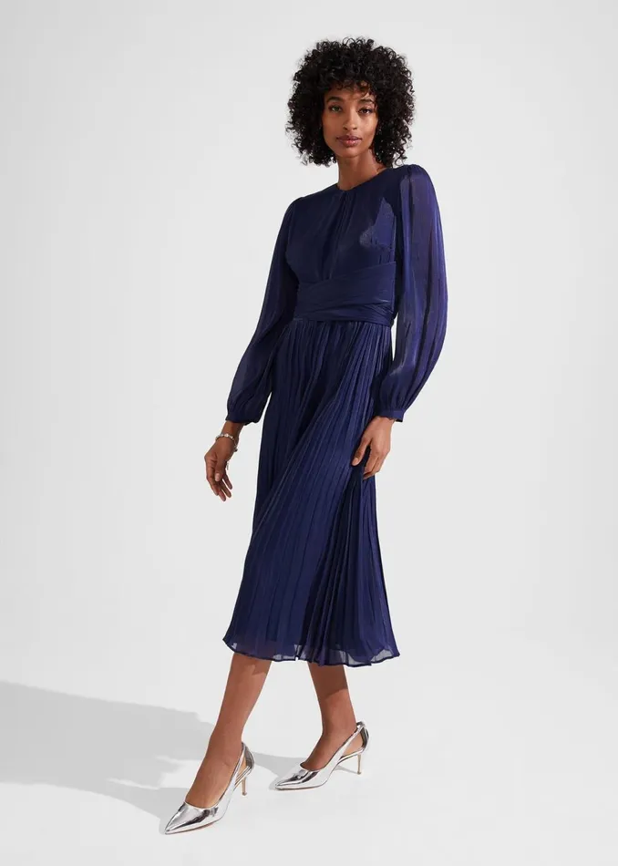 Women Dresses and Jumpsuits Hobbs Elina Metallic Pleated Dress Midnight Navy