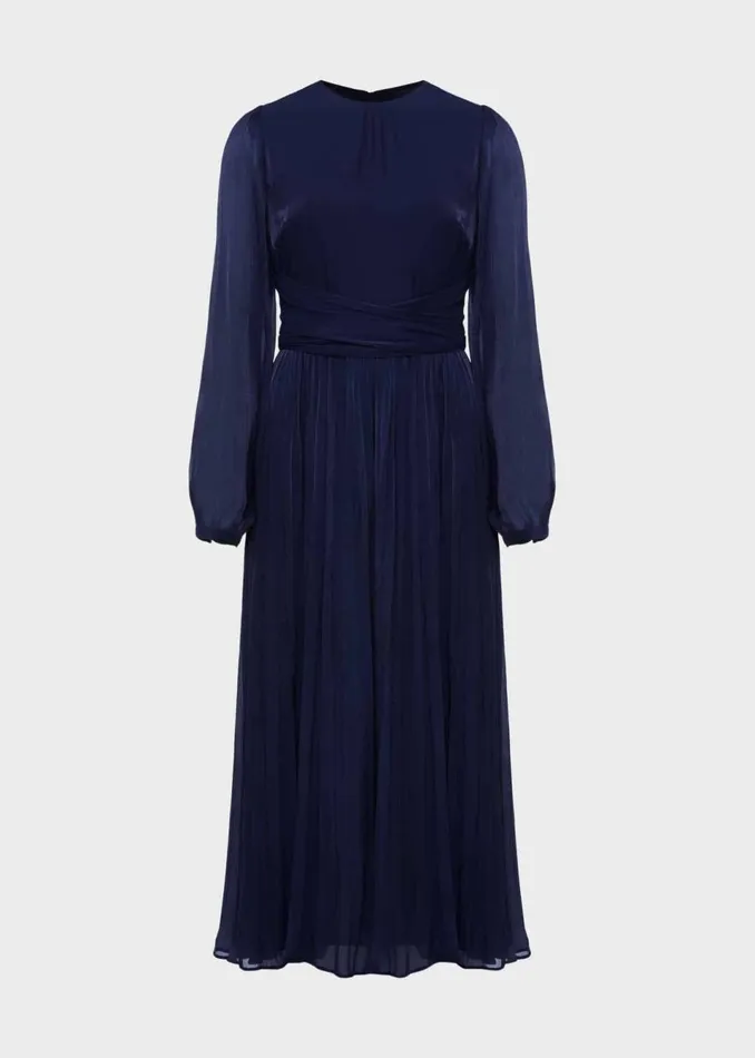 Women Dresses and Jumpsuits Hobbs Elina Metallic Pleated Dress Midnight Navy