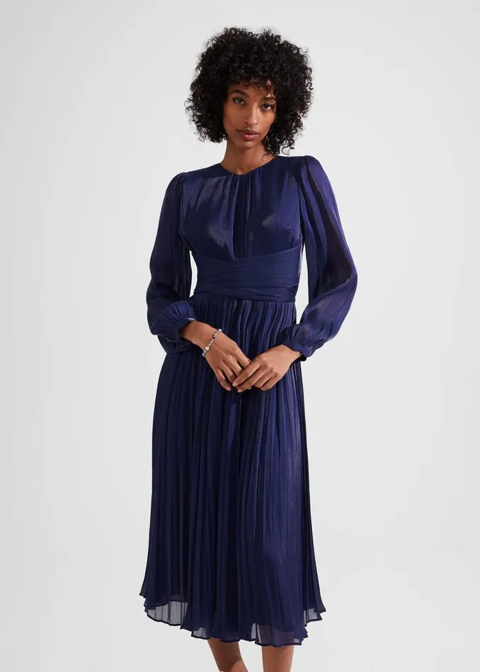 Women Dresses and Jumpsuits Hobbs Elina Metallic Pleated Dress Midnight Navy