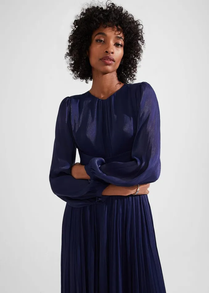Women Dresses and Jumpsuits Hobbs Elina Metallic Pleated Dress Midnight Navy