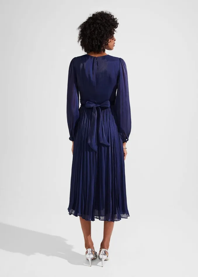 Women Dresses and Jumpsuits Hobbs Elina Metallic Pleated Dress Midnight Navy