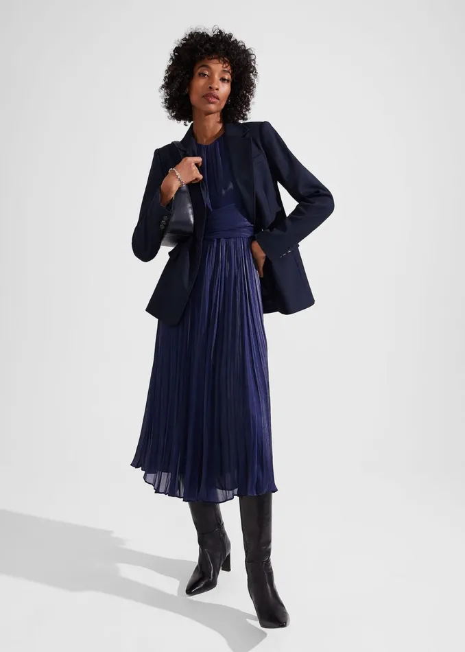 Women Dresses and Jumpsuits Hobbs Elina Metallic Pleated Dress Midnight Navy