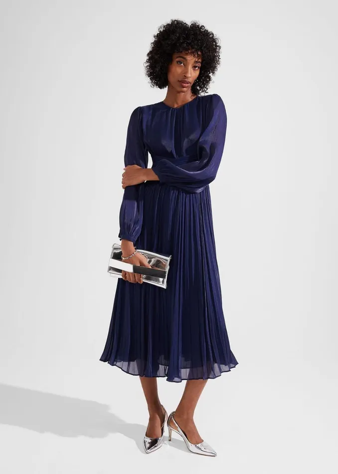 Women Dresses and Jumpsuits Hobbs Elina Metallic Pleated Dress Midnight Navy