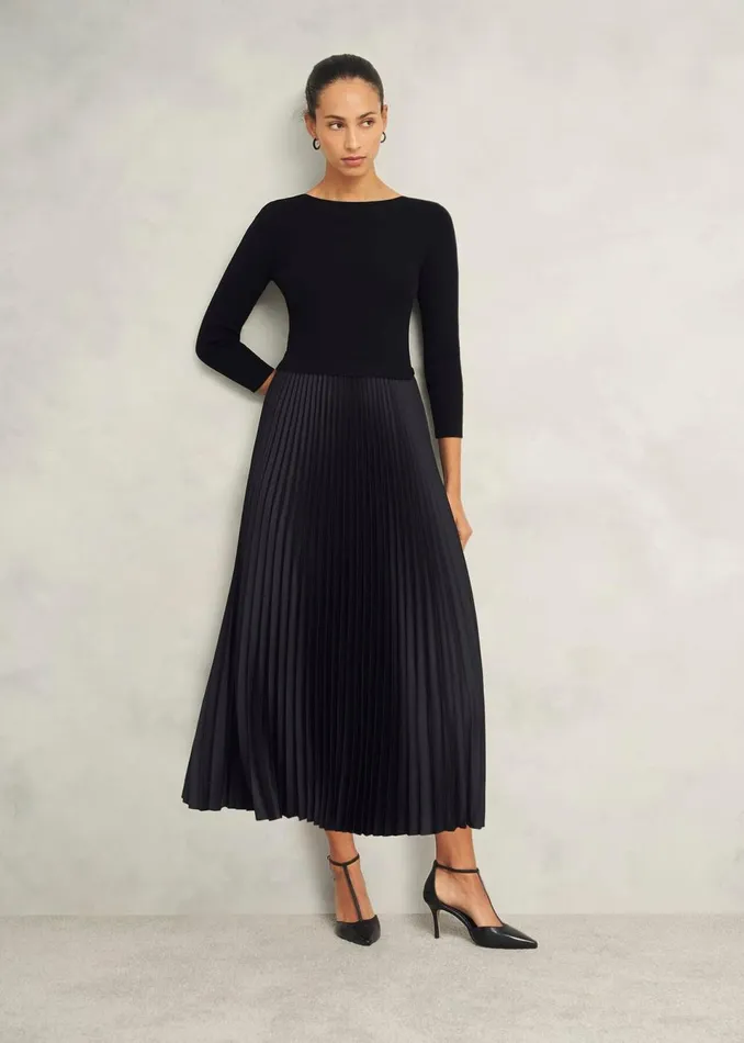 Women Dresses and Jumpsuits Hobbs Lucinda Satin Pleated Knitted Dress Black
