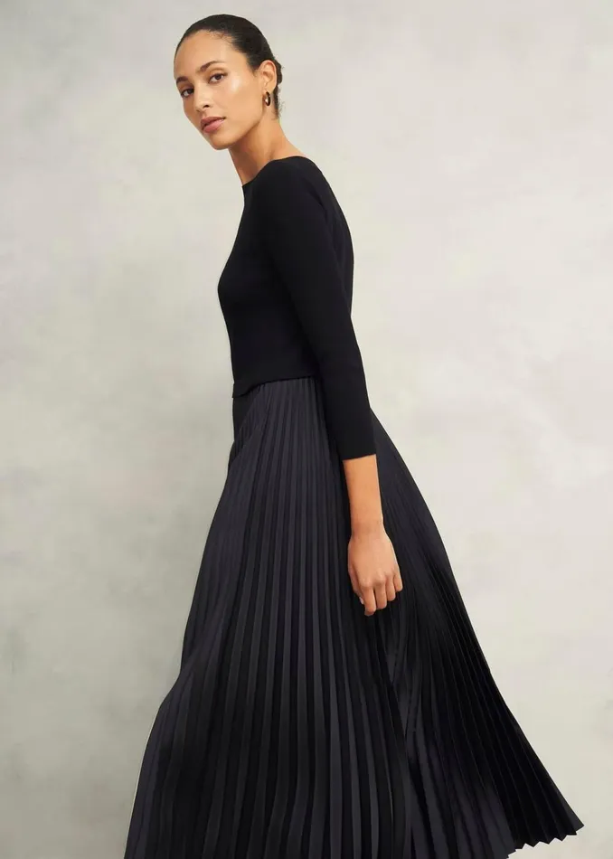 Women Dresses and Jumpsuits Hobbs Lucinda Satin Pleated Knitted Dress Black