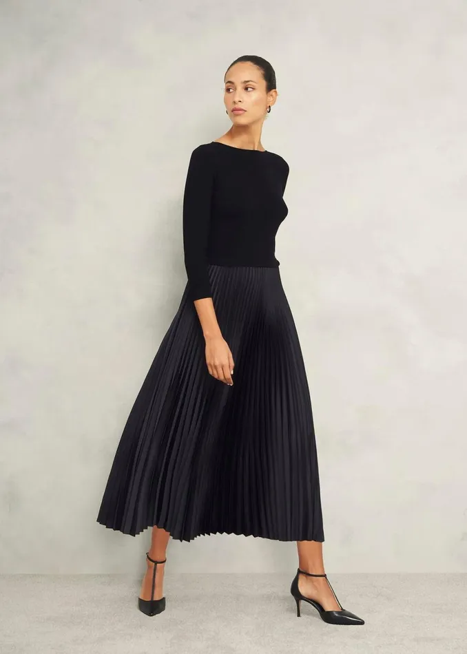 Women Dresses and Jumpsuits Hobbs Lucinda Satin Pleated Knitted Dress Black