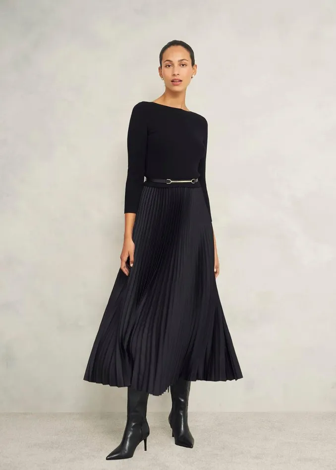 Women Dresses and Jumpsuits Hobbs Lucinda Satin Pleated Knitted Dress Black