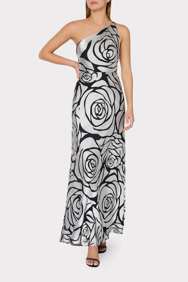 Women Dresses Milly Isley One Shoulder Rose Chiffon Devore Dress Silverblack
