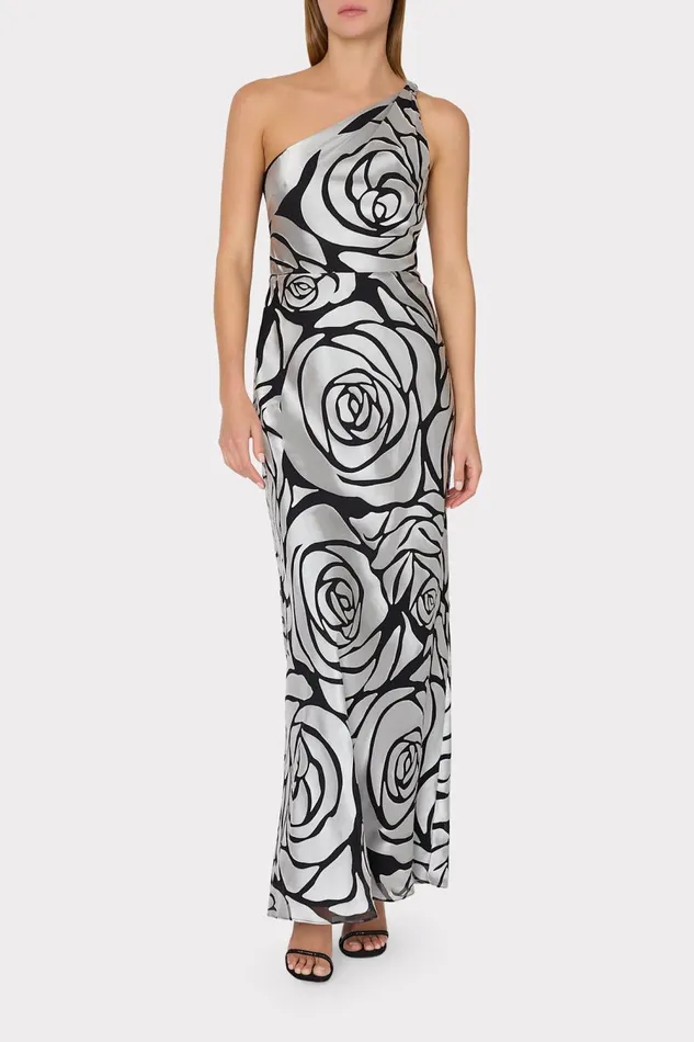 Women Dresses Milly Isley One Shoulder Rose Chiffon Devore Dress Silverblack