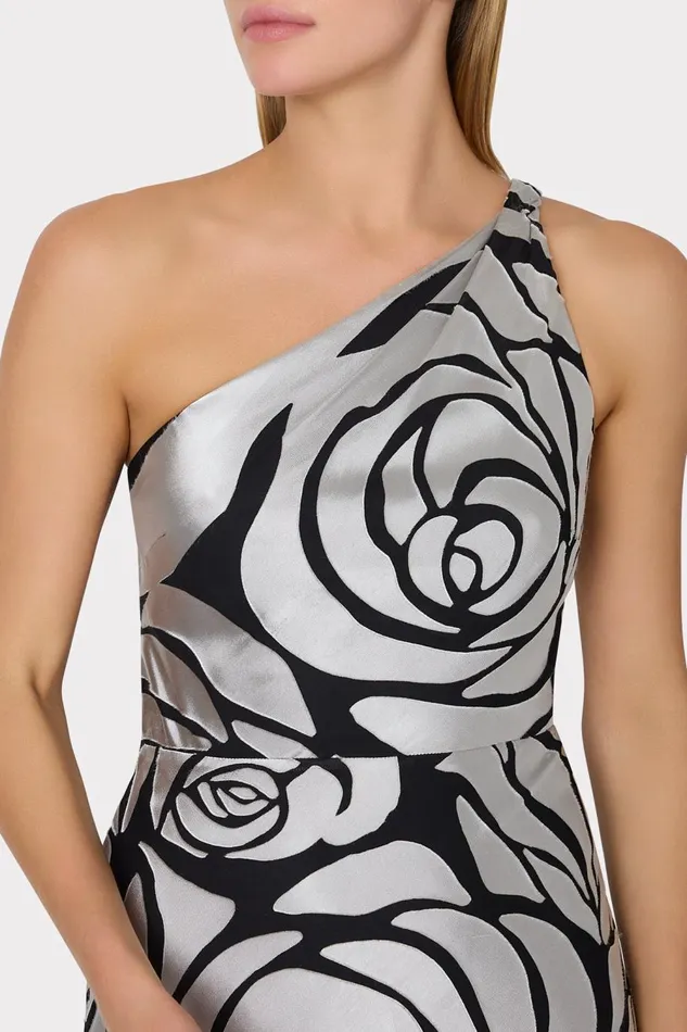 Women Dresses Milly Isley One Shoulder Rose Chiffon Devore Dress Silverblack