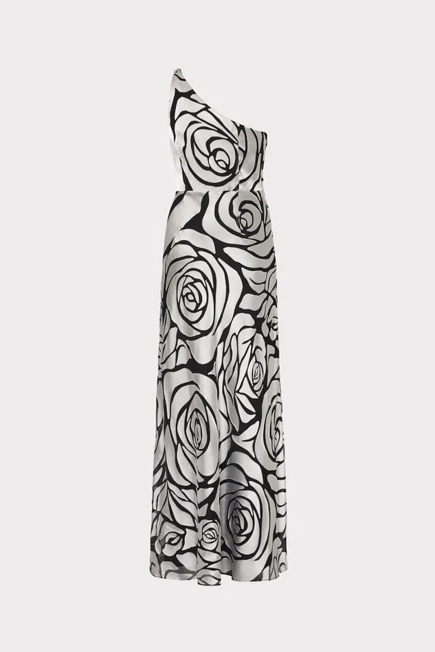 Women Dresses Milly Isley One Shoulder Rose Chiffon Devore Dress Silverblack