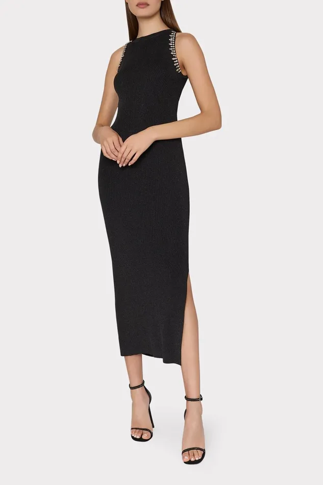 Women Dresses Milly Izel Embellished Halter Knit Midi Dress Metallic Black