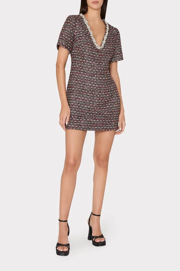 Women Dresses Milly Nyah Tweed Crystal Embellished Mini Dress Scarlet Multi