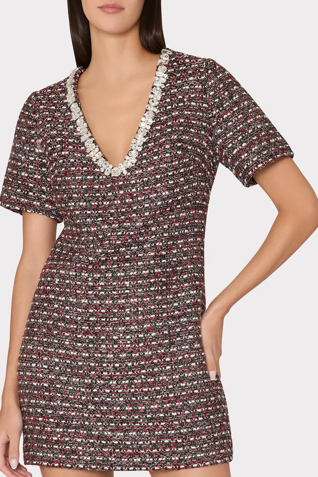 Women Dresses Milly Nyah Tweed Crystal Embellished Mini Dress Scarlet Multi