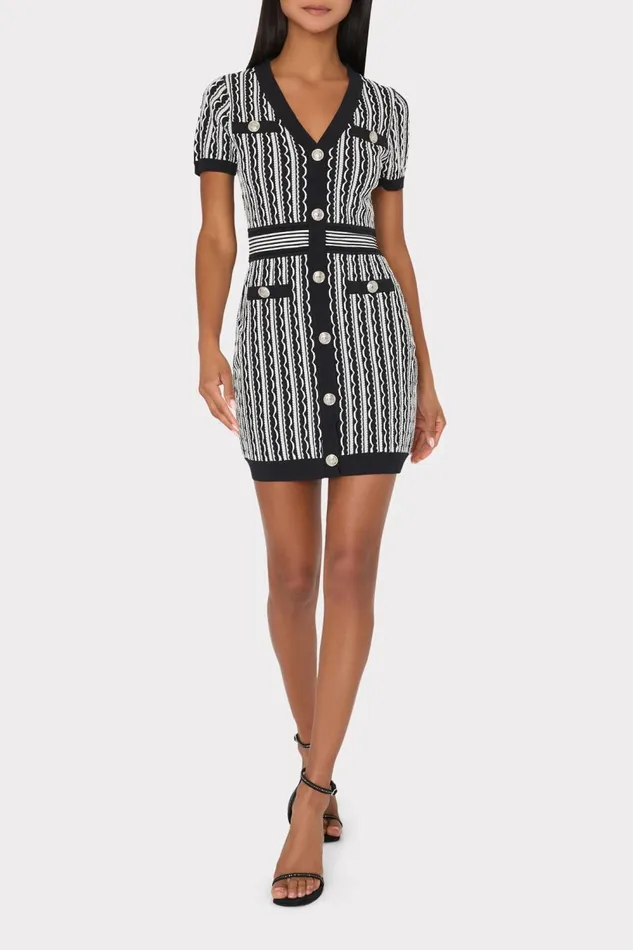 Women Dresses Milly Scallop Textured VNeck Knit Mini Dress Black Multi