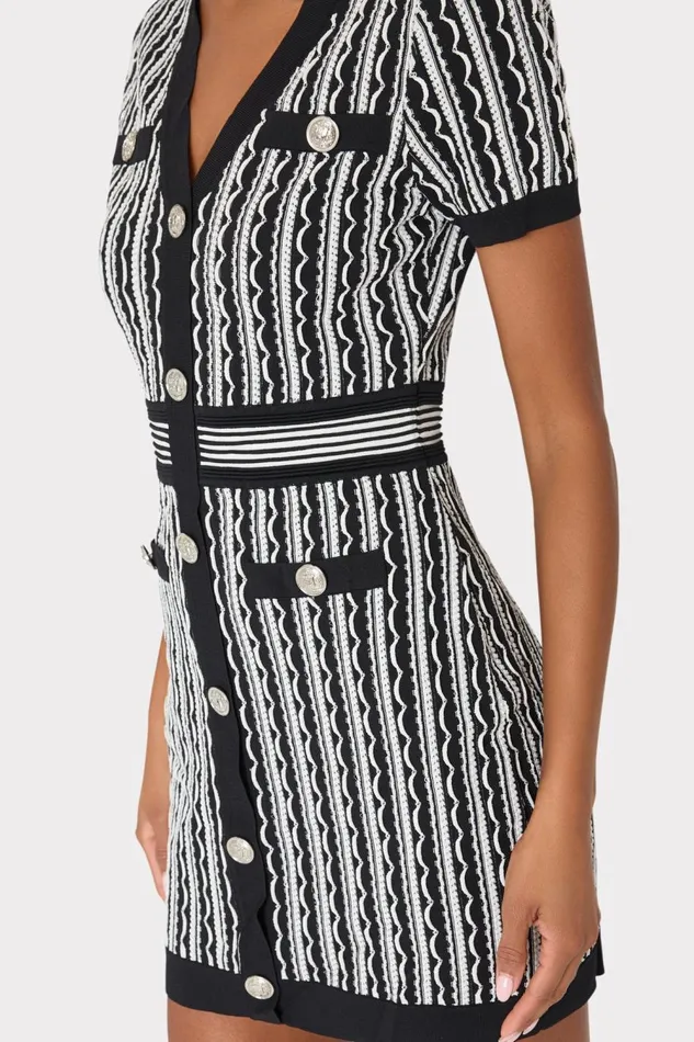 Women Dresses Milly Scallop Textured VNeck Knit Mini Dress Black Multi